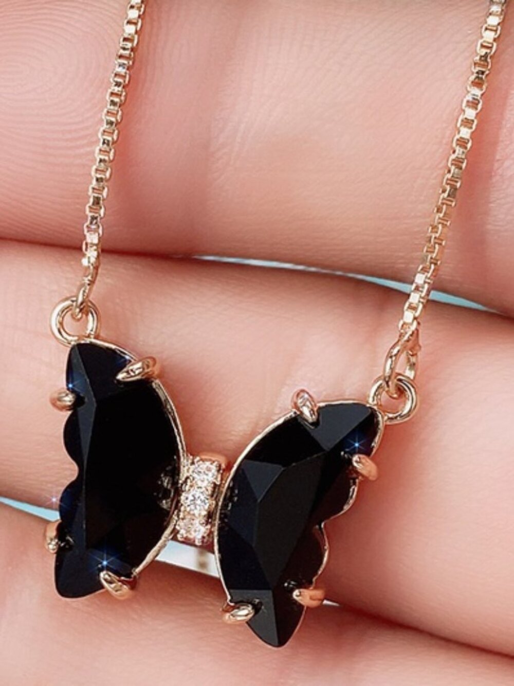 18K GOLD PLATED BUTTERFLY DESIGN BLACK CRYSTAL DAINTY EMERALD NECKLACE, WAAL1325